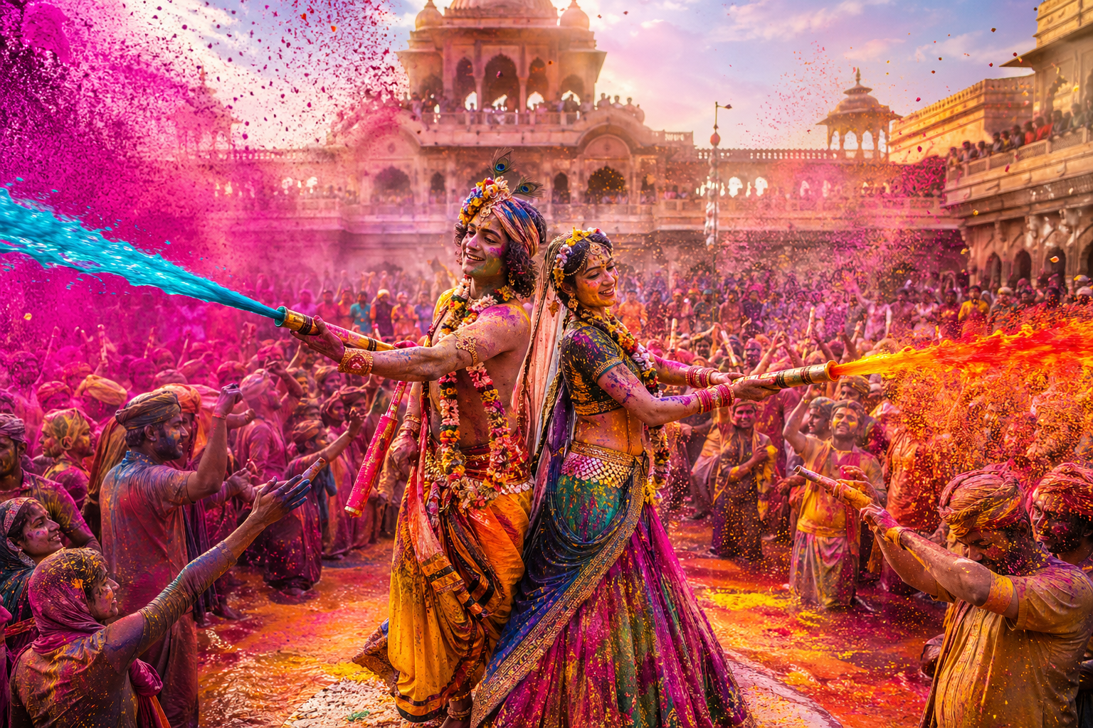 Wide-angle Radha Krishna Holi celebration in temple with pichkari water guns and spectators